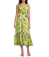 Kasper Chiffon Sleeveless Boat Neck Tropical Tiered Midi Dress