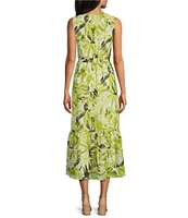 Kasper Chiffon Sleeveless Boat Neck Tropical Tiered Midi Dress