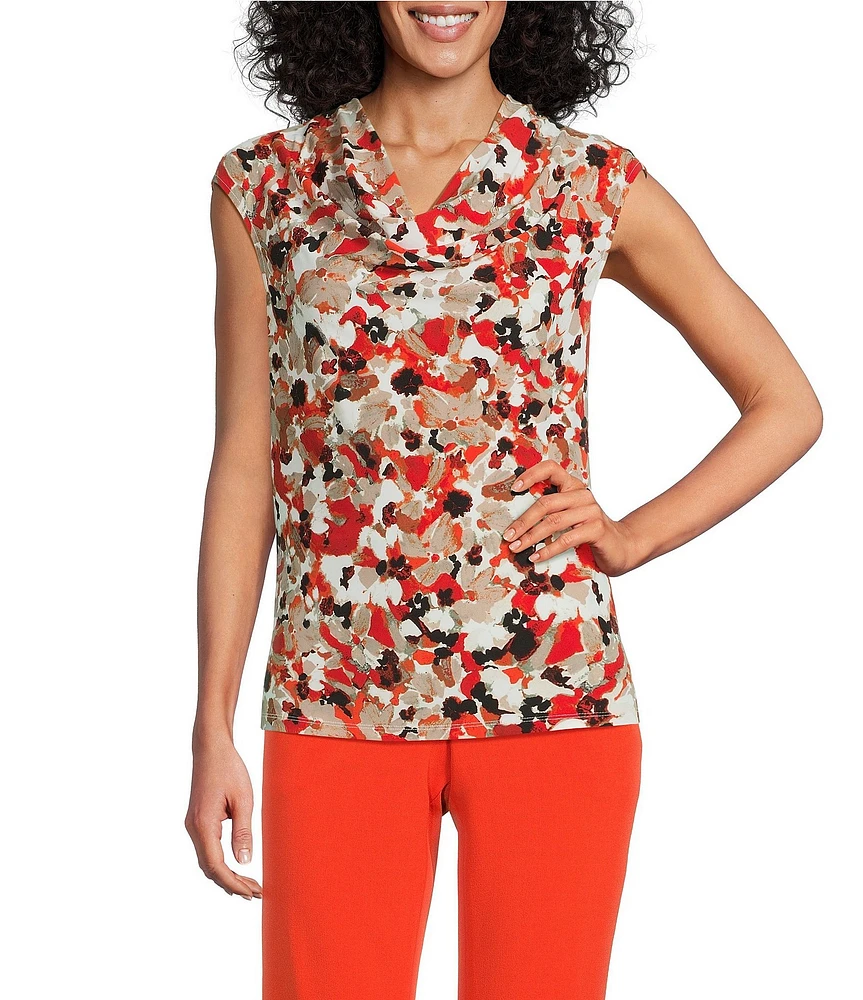 Kasper Cowl Neck Cap Sleeve Print Knit Top