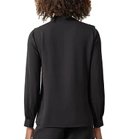 Kasper Crepe Beaded Ruffle-Front Bow-Tie V-Neck Long Cuff Sleeve Blouse