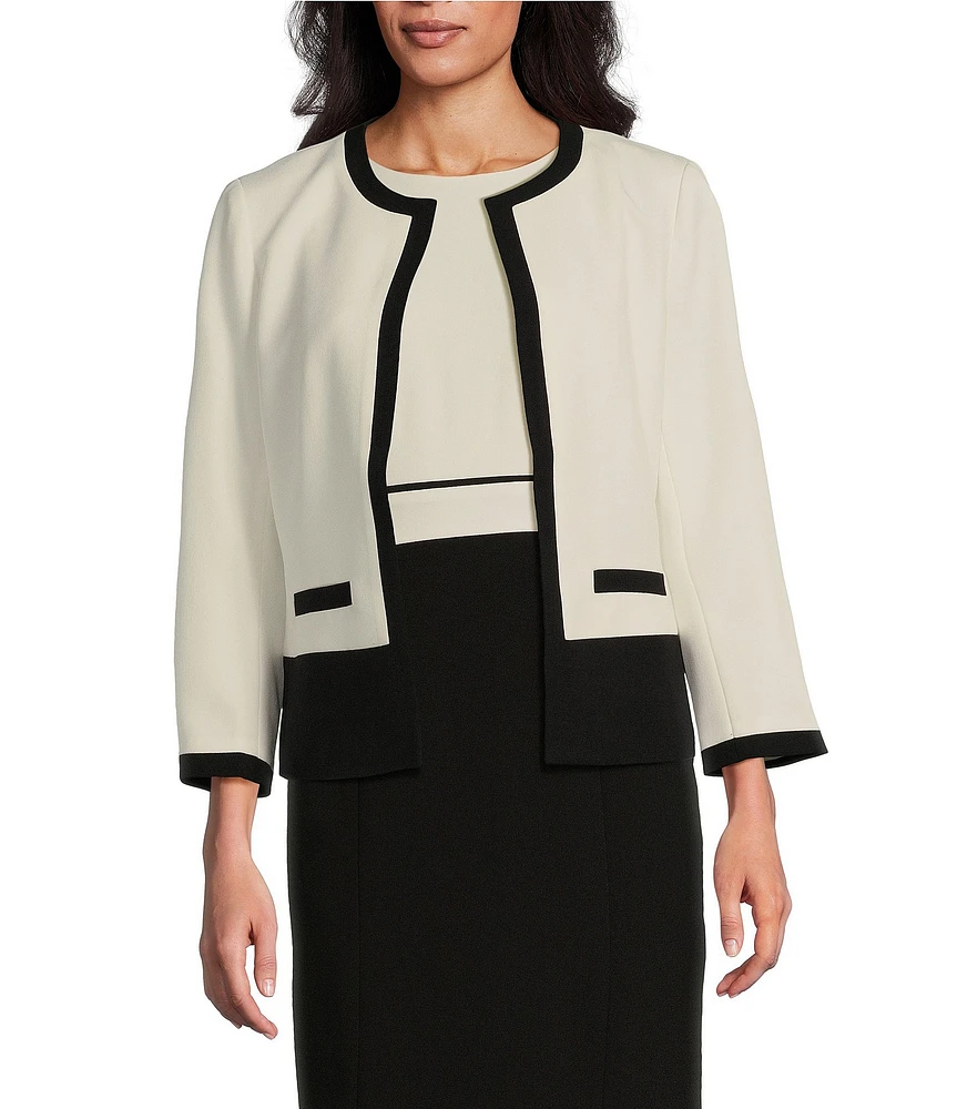 Kasper Crepe Color Block Trim Collarless Long Sleeve Cardigan