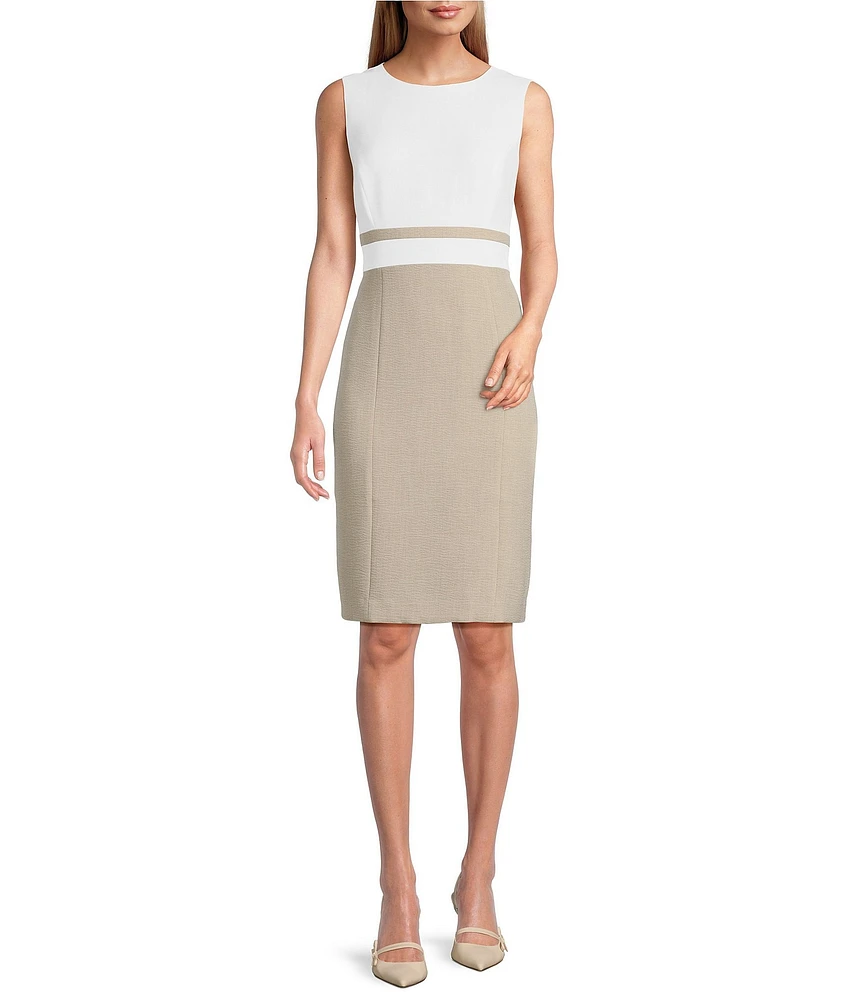 Kasper Crepe Colorblock Crew Neck Sleeveless Sheath Dress