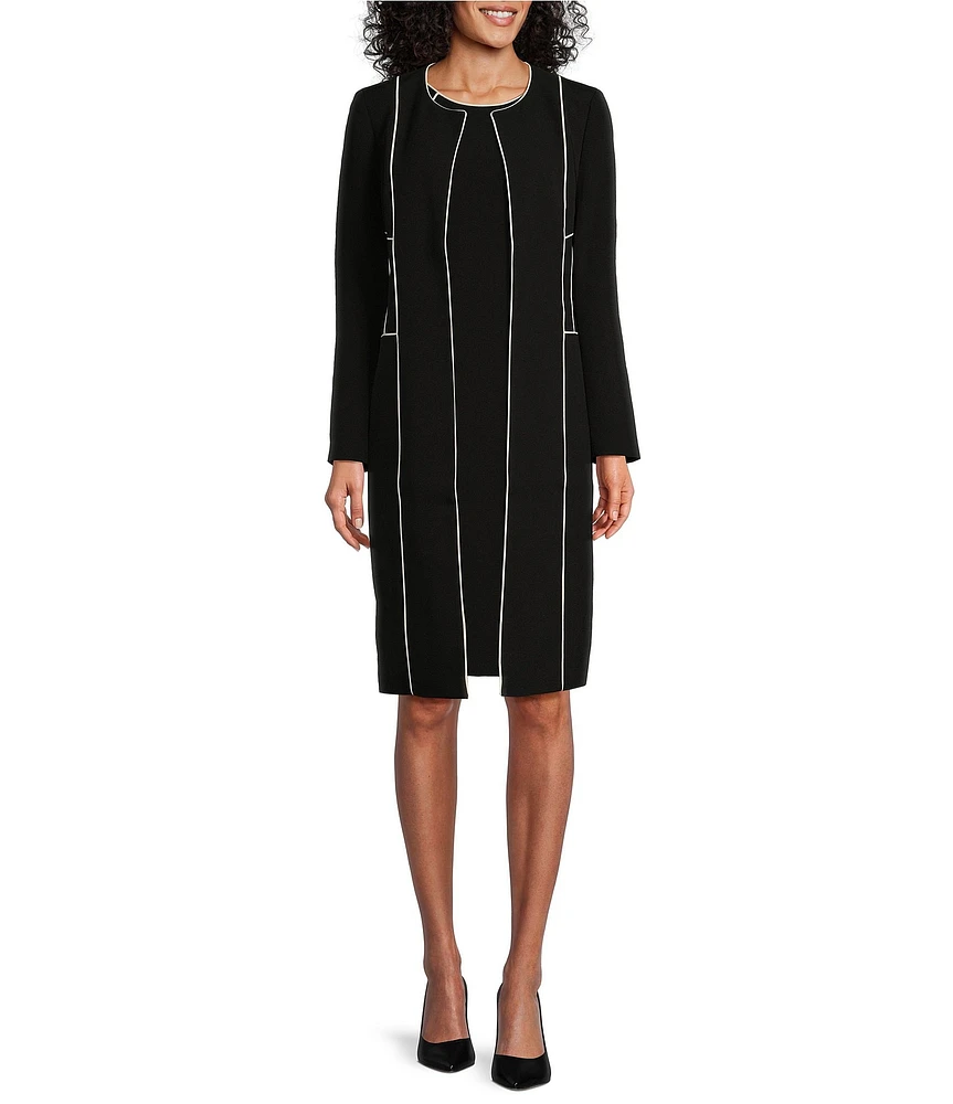 Kasper Crepe Combo Seamed Collarless Long Sleeve Topper