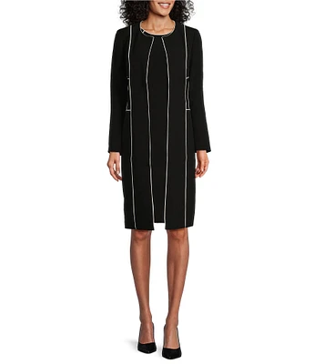 Kasper Crepe Combo Seamed Collarless Long Sleeve Topper