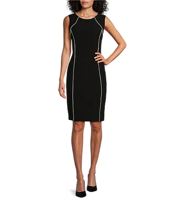 Kasper Crepe Contrast Piping Crew Neck Sleeveless Sheath Dress