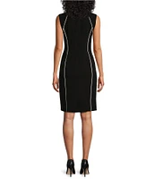 Kasper Crepe Contrast Piping Crew Neck Sleeveless Sheath Dress