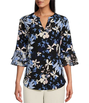 Kasper Crepe Floral Print Split V-Neck 3/4 Sleeve Blouse