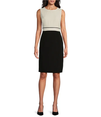 Kasper Crepe Round Neck Sleeveless Contrast Waistband Piping Sheath Dress