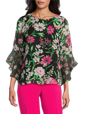 Kasper Crew Neck 3/4 Ruffle Sleeve Woven Floral Print Blouse
