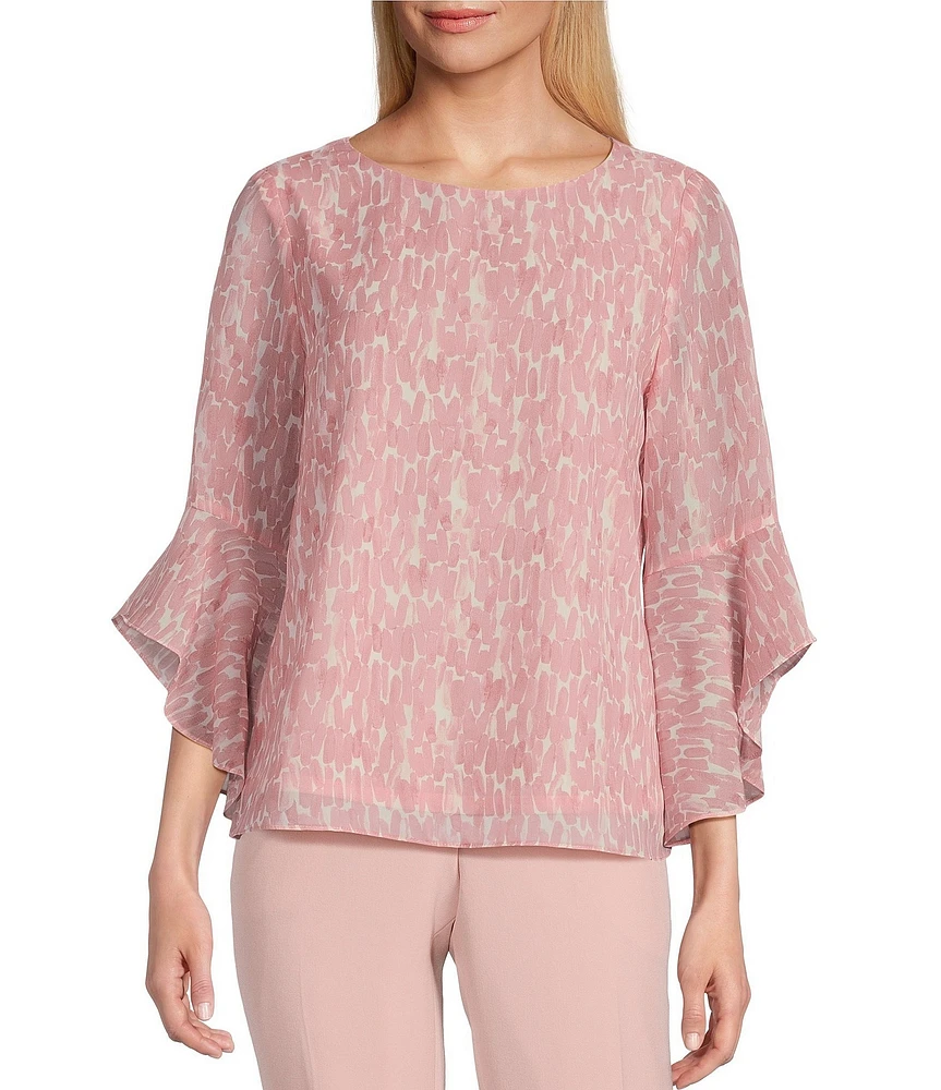 Kasper Crew Neck 3/4 Ruffle Sleeve Blouse
