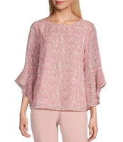 Kasper Crew Neck 3/4 Ruffle Sleeve Blouse