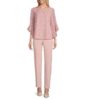 Kasper Crew Neck 3/4 Ruffle Sleeve Blouse