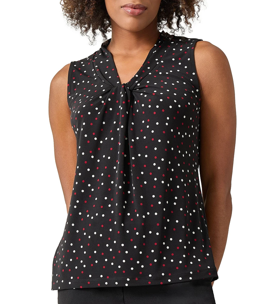 Kasper Dot Printed V-Neck Knot Front Sleeveless Blouse