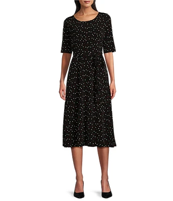 Kasper Dotted Crew Neck Short Sleeve Tie-Waist Midi Dress