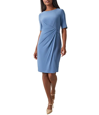 Kasper Elbow Sleeve Pleated Waist Sheath Dress