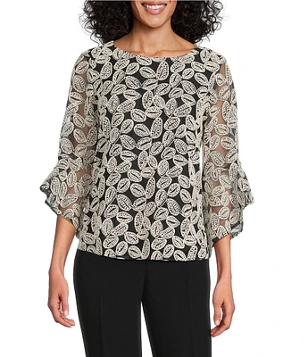 Kasper Embroidered Boat Neck 3/4 Ruffle Sleeve Blouse