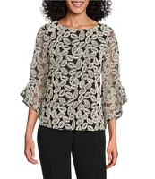 Kasper Embroidered Boat Neck 3/4 Ruffle Sleeve Blouse