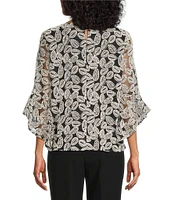Kasper Embroidered Boat Neck 3/4 Ruffle Sleeve Blouse