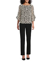 Kasper Embroidered Boat Neck 3/4 Ruffle Sleeve Blouse