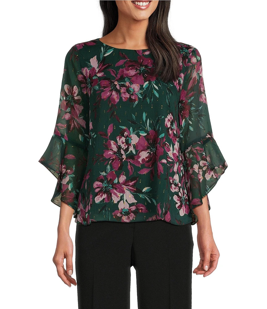 Kasper Floral 3/4 Ruffle Sleeve Blouse