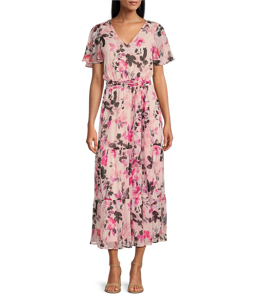 Kasper Floral Chiffon V-Neck Flutter Short Sleeve Smocked Maxi Dress