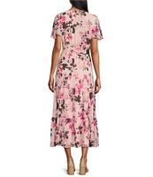 Kasper Floral Chiffon V-Neck Flutter Short Sleeve Smocked Maxi Dress