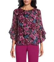 Kasper Floral Crew Neck 3/4 Ruffle Sleeve Blouse