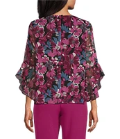 Kasper Floral Crew Neck 3/4 Ruffle Sleeve Blouse