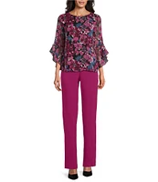 Kasper Floral Crew Neck 3/4 Ruffle Sleeve Blouse