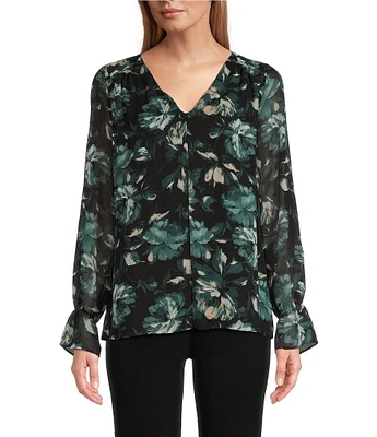 Kasper Floral Double Layer Long Puff Sleeve V-Neck Blouse