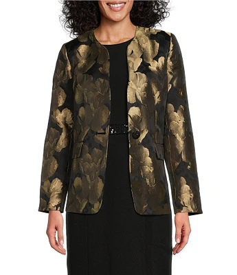 Kasper Floral Jacquard Collarless Long Sleeve 1-Button Jacket