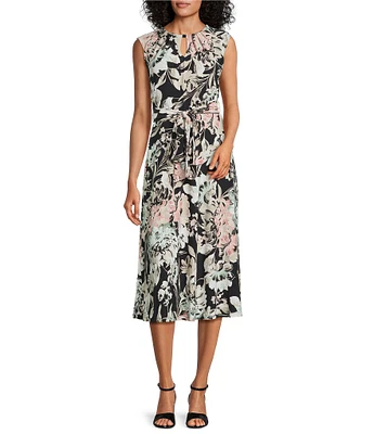 Kasper Floral Pleated Keyhole Neck Cap Sleeve A-Line Midi Dress