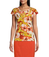 Kasper Floral Print Cowl Neckline Cap Sleeve Top