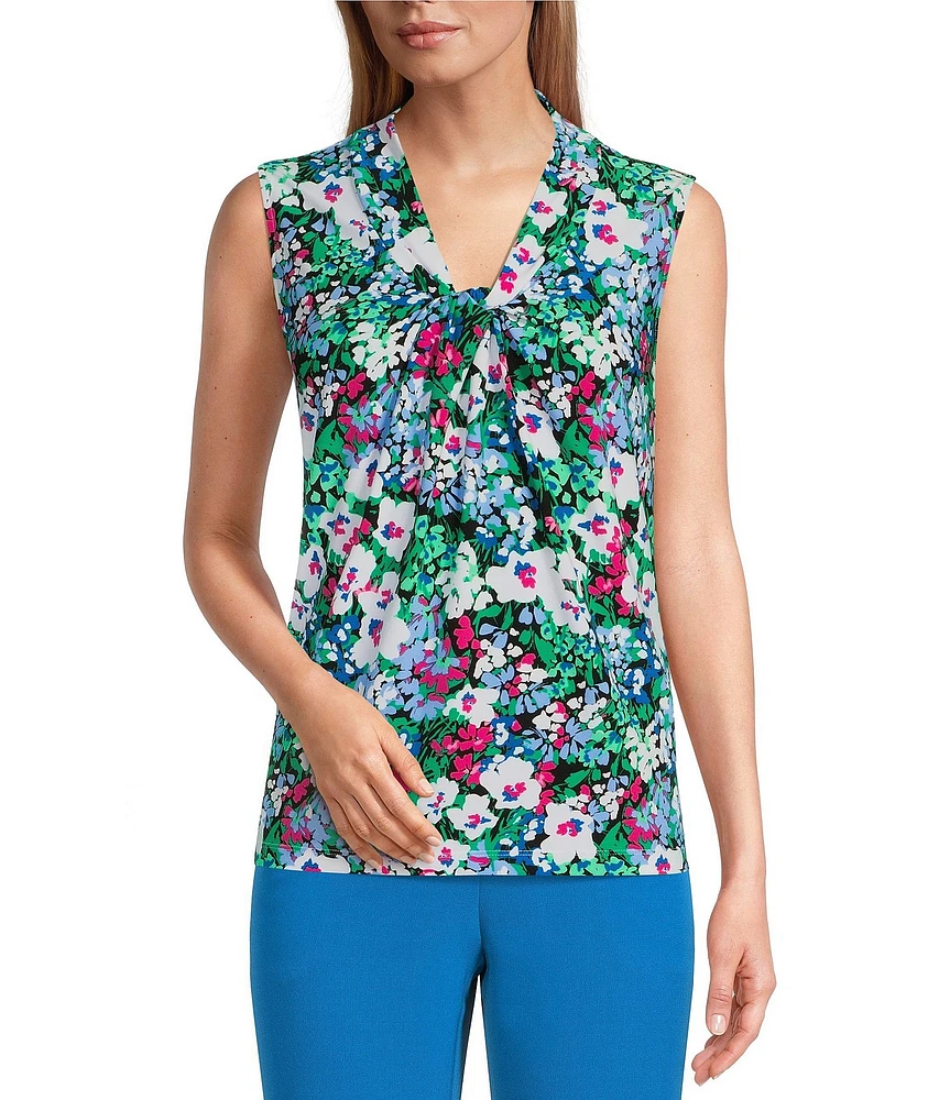 Kasper Floral Print Knot Neck Sleeveless Knit Top