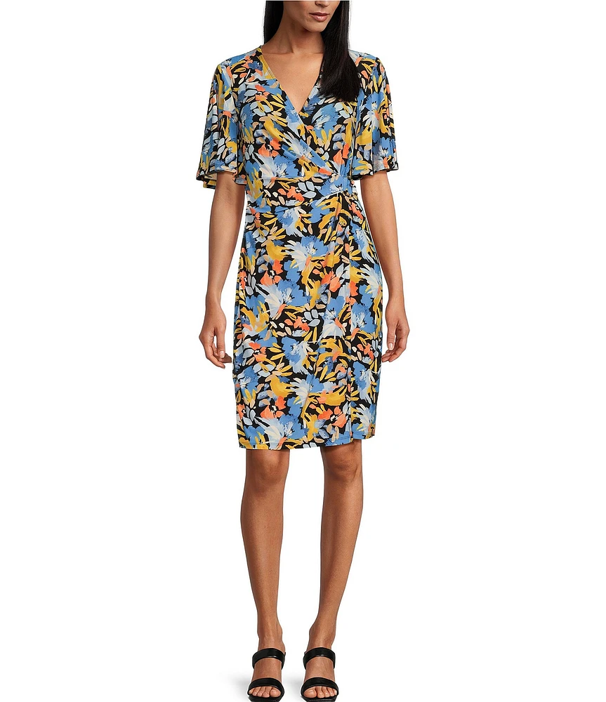 Kasper Floral Print Surplice V-Neck Short Sleeve Wrap Sheath Dress