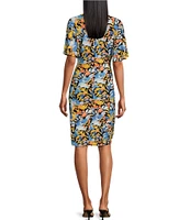 Kasper Floral Print Surplice V-Neck Short Sleeve Wrap Sheath Dress