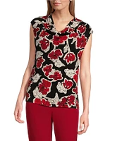 Kasper Floral Printed Cowl Neck Cap Sleeve Top