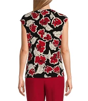 Kasper Floral Printed Cowl Neck Cap Sleeve Top