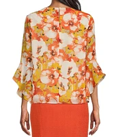 Kasper Floral Printed Crew Neckline Ruffle 3/4 Sleeve Blouse