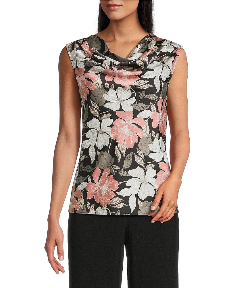 Kasper Floral Satin Drape Neck Sleeveless Top