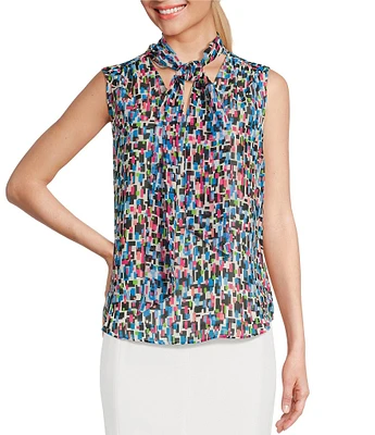 Kasper Geo Print Tie Mock Neckline Sleeveless Blouse