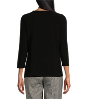 Kasper Gold-Embellished Pleated Keyhole Crew Neck 3/4 Sleeve Top