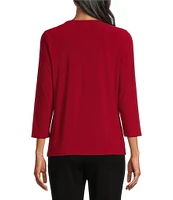 Kasper Gold-Embellished Pleated Keyhole Crew Neck 3/4 Sleeve Top