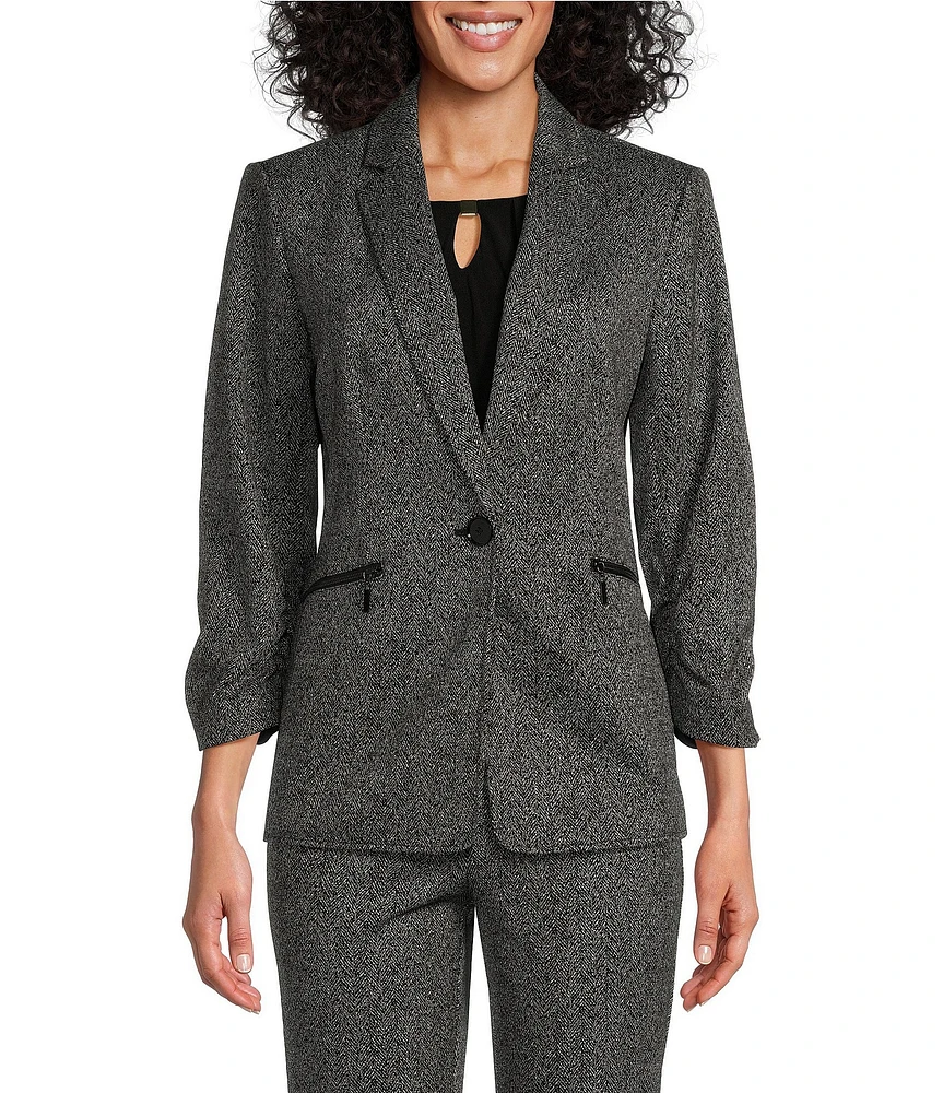 Kasper Herringbone Zip Pocket Notch Lapel Long Sleeve One-Button Blazer