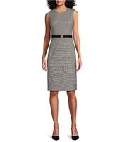 Kasper Houndstooth Crepe Crew Neck Sleeveless Belted Dress