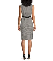 Kasper Houndstooth Crepe Crew Neck Sleeveless Belted Dress