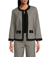 Kasper Houndstooth Crepe Framed Collarless Long Sleeve Open-Front Jacket