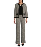 Kasper Houndstooth Crepe Framed Collarless Long Sleeve Open-Front Jacket