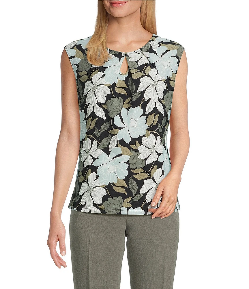 Kasper Key Petite Size Floral Keyhole Neck Cap Sleeve Top