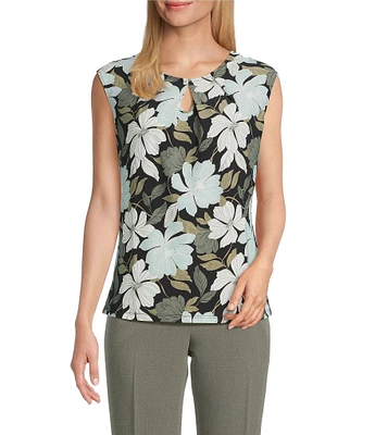 Kasper Key Petite Size Floral Keyhole Neck Cap Sleeve Top